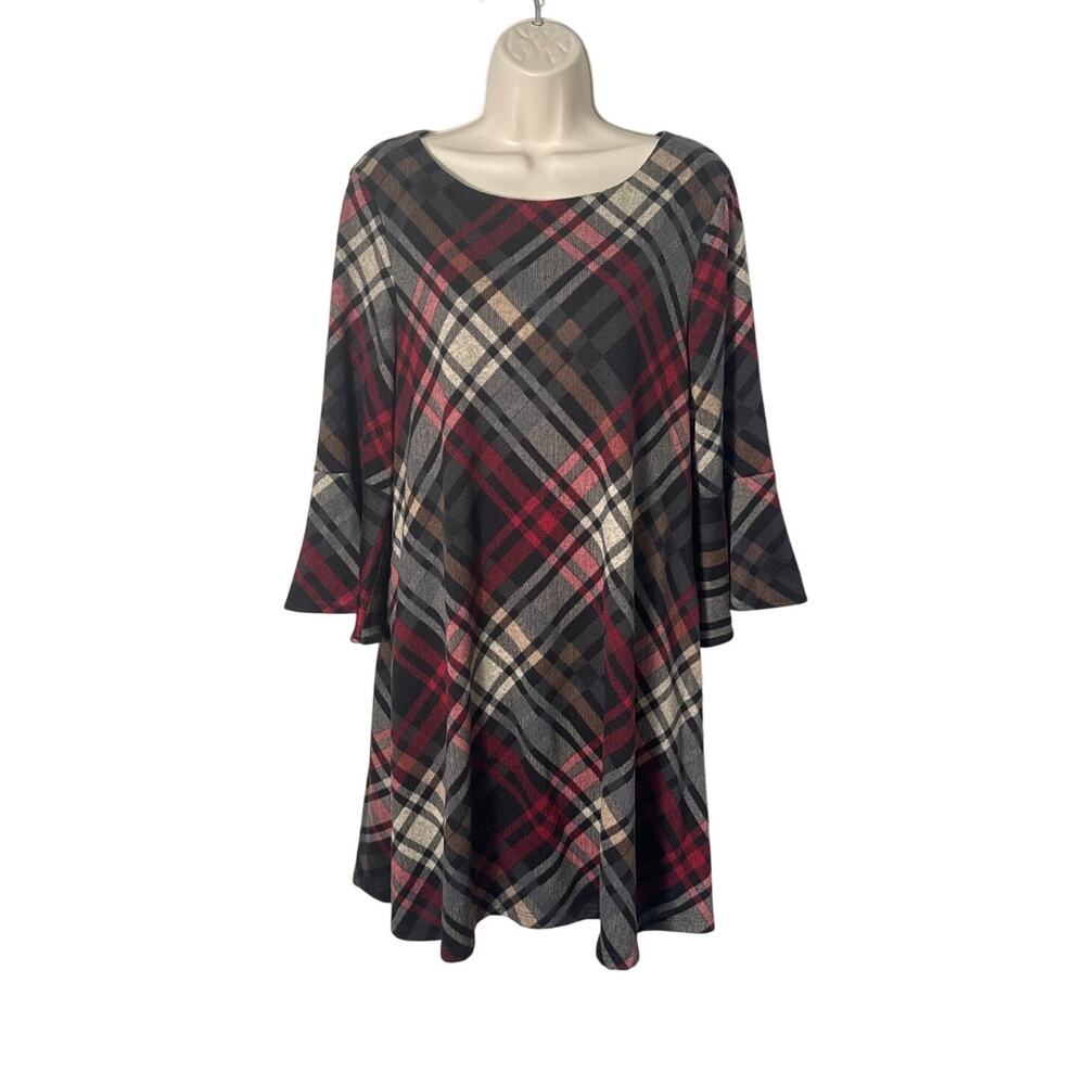 La Nouvelle Renaissance‎ Plaid Bell Sleeve A Line Mini Dress Red Gray Size L
